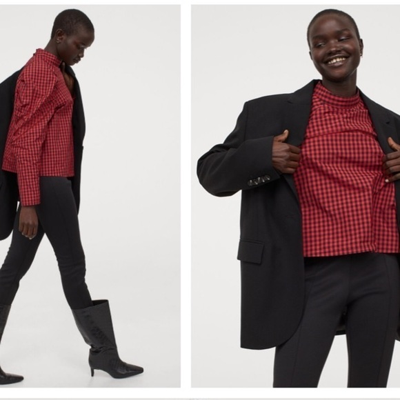 H&M red black checkered print puff long sleeve shirt medium blouse mock neck - Picture 9 of 9